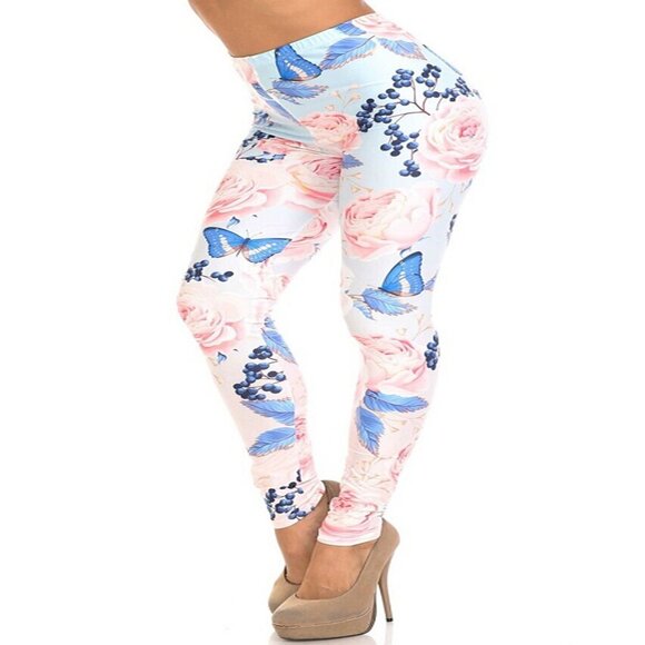 Women One Size Plus Fits Sizes 14-22 Leggings Buttery Soft Butterfly/Pink Roses - Picture 3 of 4